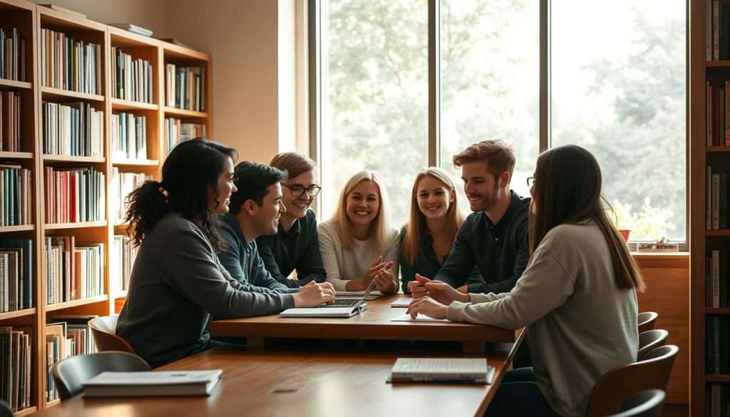 A cozy and inviting study space, flooded with warm, natural light. In the foreground, a group of students gathered around a wooden table, engaged in animated discussion, their faces alight with intellectual curiosity. Bookshelves line the walls, filled with volumes on a variety of subjects, hinting at the breadth of knowledge to be explored. In the background, a large window offers a glimpse of a verdant outdoor scene, a reminder to balance focused study with moments of reflection and inspiration. The overall atmosphere is one of collaborative learning, where ideas are freely shared, and a sense of community is fostered.