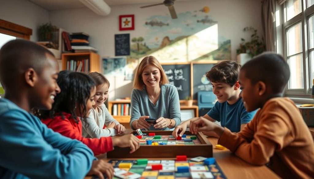 A cozy classroom setting, sunlight streaming through large windows, illuminating a group of students engaged in a lively board game. In the foreground, friends laugh and strategize over colorful game pieces and cards, their faces alight with concentration. Behind them, a teacher observes with a warm, encouraging smile, guiding the group's interactions. The middle ground features a well-stocked bookshelf and a vintage chalkboard, hinting at the analog nature of this learning environment. The background showcases a vibrant mural depicting scenes of exploration and discovery, reflecting the spirit of learning through play. The overall atmosphere is one of collaboration, creativity, and a sense of timeless, tactile engagement.