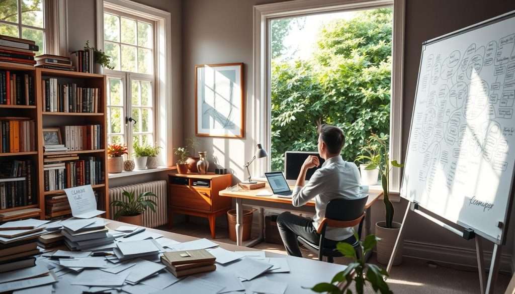 A cozy home office, filled with natural light streaming through large windows. In the foreground, a person sits at a desk, deep in thought, surrounded by scattered papers and a whiteboard overflowing with mind maps and scribbled ideas. The middle ground features a bookshelf brimming with volumes on creativity and problem-solving, while the background showcases a lush, verdant garden, hinting at the boundless possibilities for fresh perspectives. The scene exudes a sense of focused yet serene contemplation, capturing the essence of simplifying to strengthen ideas through the SCAMPER method.