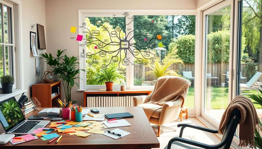 A cozy home office with an abundance of bright natural light. In the foreground, a wooden desk is cluttered with colorful sticky notes, markers, and a laptop. Floating above the desk, a cluster of interconnected mind maps and diagrams showcasing a dynamic brainstorming session. Alongside the desk, a comfortable armchair with a warm throw blanket invites contemplation. In the background, a large window overlooks a lush, verdant garden, adding a sense of tranquility and inspiration. The overall atmosphere is one of creative flow, where ideas seamlessly combine to unlock new possibilities.