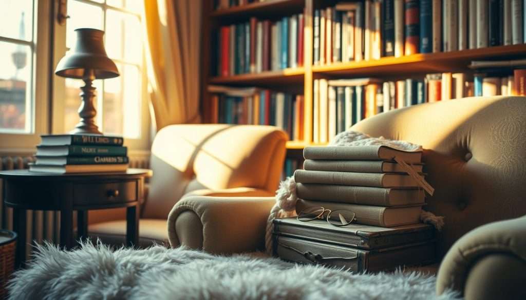 A cozy, inviting reading nook bathed in warm, golden light streaming through a nearby window. A plush armchair sits alongside a small side table, adorned with an antique lamp and a stack of well-worn, beloved books. In the middle ground, a fluffy throw blanket and a pair of reading glasses rest on the chair, hinting at the reader's recent presence. The background features a bookshelf filled with a diverse collection of books, creating a sense of comfort and intellectual stimulation. The overall atmosphere is one of quiet contemplation and the pure joy of immersing oneself in the written word.