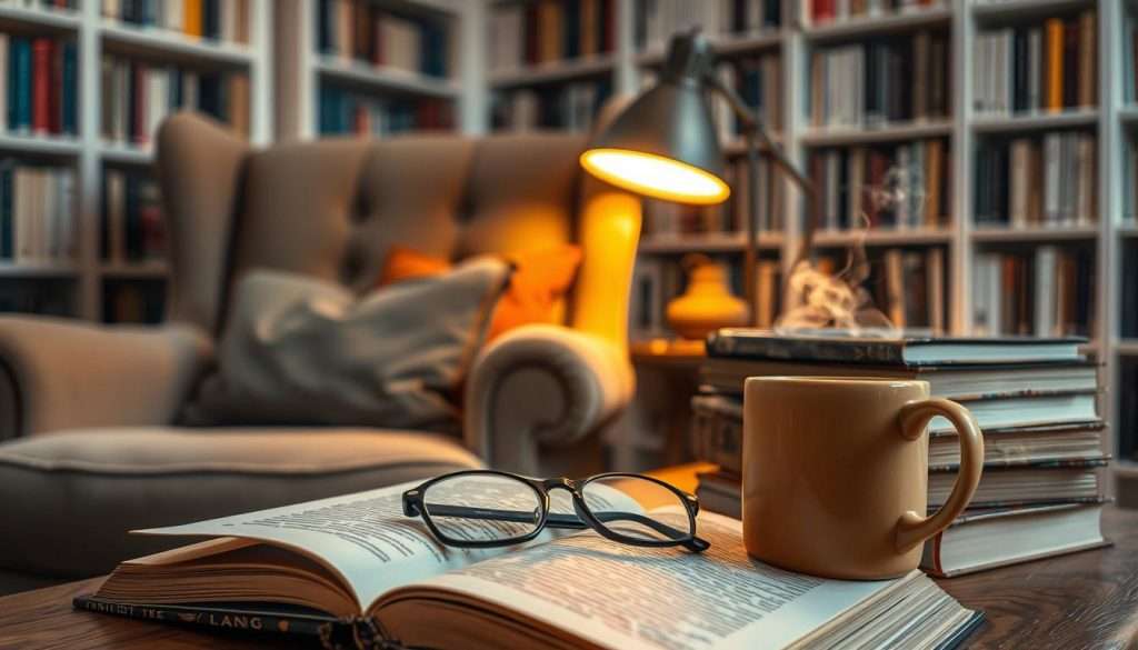 A cozy nook with a plush armchair, a stack of well-worn books, and a warm table lamp casting a soft glow. In the foreground, a pair of reading glasses rests on an open book, symbolizing the act of immersing oneself in the written word. The middle ground features a mug of steaming tea, a subtle nod to the comfort and tranquility of the scene. The background depicts a serene, bookshelves-lined room, hinting at the endless possibilities for discovery and growth that reading can provide. The overall atmosphere is one of peaceful introspection and a deep appreciation for the enriching experience of reading.
