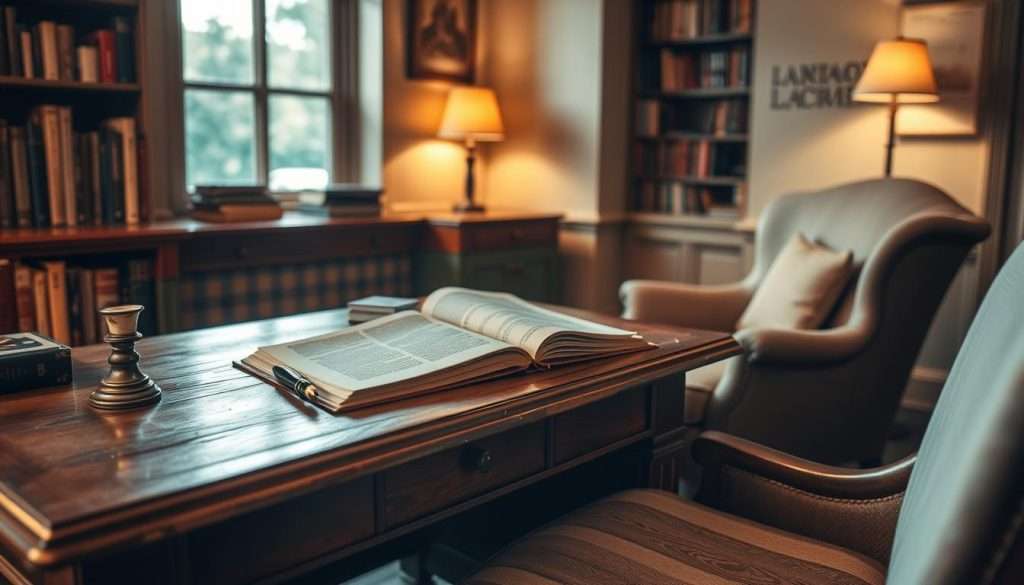 A cozy study nook, bathed in warm, soft lighting. On a well-worn wooden desk, an open book lies next to a vintage fountain pen and a sheaf of papers, signifying the thoughtful process of reading and writing. The walls are adorned with tasteful bookshelves, hinting at a love for the written word. A comfortable armchair invites the viewer to settle in and immerse themselves in the act of learning through the textual medium. The overall atmosphere conveys a sense of tranquility, focus, and intellectual engagement, perfectly suited for the "Reading/Writing Learners: Text-Based Learning Approaches" section.