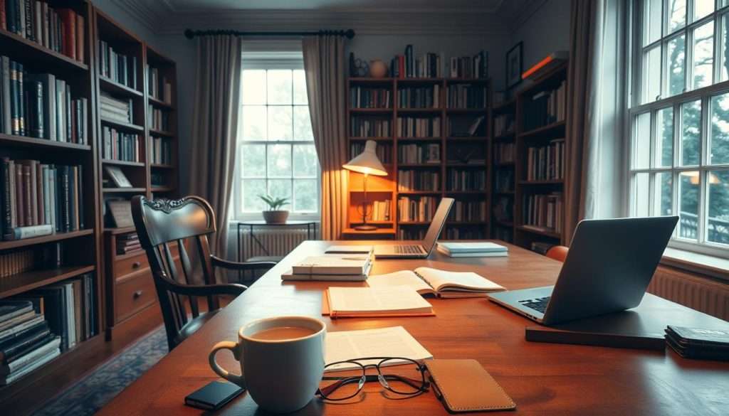 A cozy study space with a large wooden desk, a comfortable chair, and a warm lamp casting a soft glow. Bookshelves line the walls, filled with volumes on various subjects. On the desk, there are neatly organized notes, textbooks, and a laptop, suggesting an organized and focused study routine. The room is bathed in natural light from a large window, creating a serene and inviting atmosphere. In the foreground, a cup of steaming tea or coffee sits next to a pair of reading glasses, hinting at the thoughtful and contemplative nature of the study session. The overall scene conveys a sense of productivity, structure, and a dedication to learning.