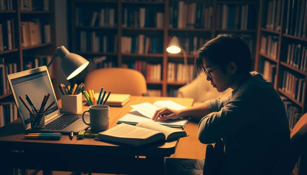 A cozy study space with a wooden desk, a laptop, and open books. Warm lighting casts a gentle glow, creating a focused and serene atmosphere. In the foreground, a person is deeply engrossed in their studies, their expression one of determined concentration. The middle ground features organizational tools like highlighters, sticky notes, and a cup of coffee, suggesting effective study techniques. The background has bookshelves lining the walls, conveying a sense of scholarly knowledge and discipline. The overall scene is designed to inspire productivity, motivation, and a love of learning.