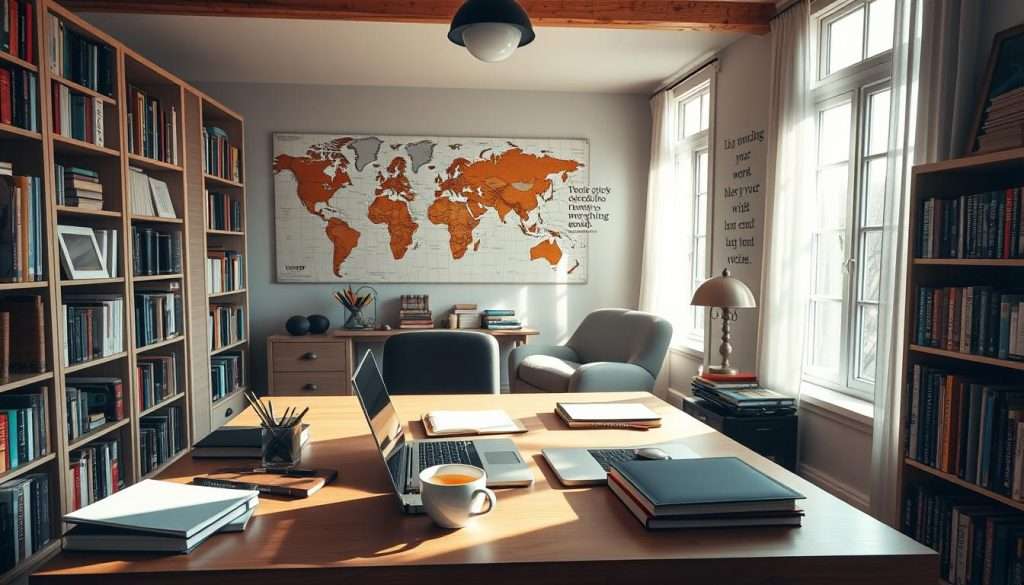 A cozy, well-lit home office with a large desk, bookshelves lining the walls, and a comfortable armchair in the corner. On the desk, an open laptop, a cup of hot tea, and various stationery items. Sunlight streams in through large windows, casting a warm glow over the scene. In the background, a world map and inspirational quotes adorn the walls, reflecting the occupant's insatiable thirst for knowledge. The overall atmosphere is one of quiet focus and lifelong learning, encouraging the viewer to immerse themselves in a sustainable routine of continuous self-improvement.