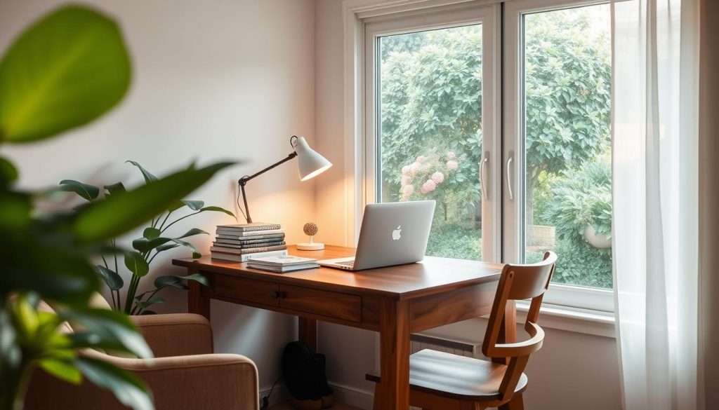 A cozy, well-lit home study nook with a large window overlooking a tranquil garden. A sturdy wooden desk adorned with a sleek laptop, a tidy stack of books, and a stylish desk lamp casting a warm glow. The space is accented with a plush armchair and a lush, leafy plant, creating a serene and inviting atmosphere conducive to focused studying. Soft natural light filters in, illuminating the room and fostering a sense of calm productivity. The overall scene evokes a harmonious and supportive environment for productive academic endeavors.