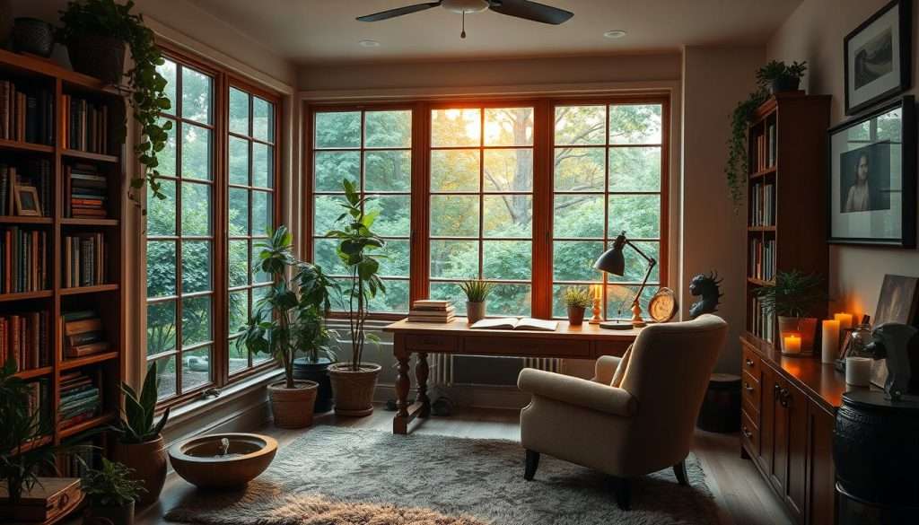A cozy, well-lit study nook with a large window overlooking a lush garden. Warm, natural light filters in, casting a soft glow on the wooden desk, bookshelves, and plush armchair. The room is decorated with plants, framed artwork, and a plush area rug, creating a serene and inspiring atmosphere. A desk lamp and a few candles provide additional lighting, while the sound of a small water fountain adds a calming ambiance. The overall scene exudes a sense of focus, productivity, and tranquility, perfect for immersing oneself in deep study and learning.