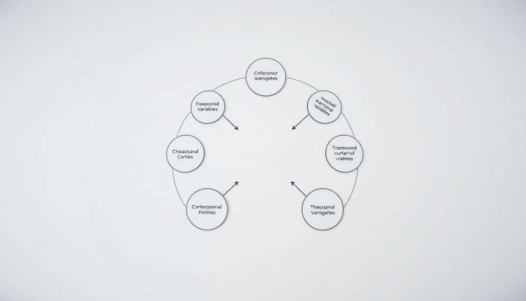 A detailed causal loop diagram set against a neutral background, with a clean, minimalist aesthetic. The diagram should feature well-defined, interconnected circles representing key system variables, with clear, uncluttered arrows indicating the causal relationships between them. Use a muted color palette, perhaps in shades of blue or gray, to convey a sense of thoughtfulness and analysis. Ensure the overall composition is balanced and visually appealing, drawing the viewer's attention to the core concepts of the diagram. Lighting should be soft and diffused, creating a contemplative mood, and the camera angle should be slightly elevated to provide a comprehensive view of the diagram's structure.