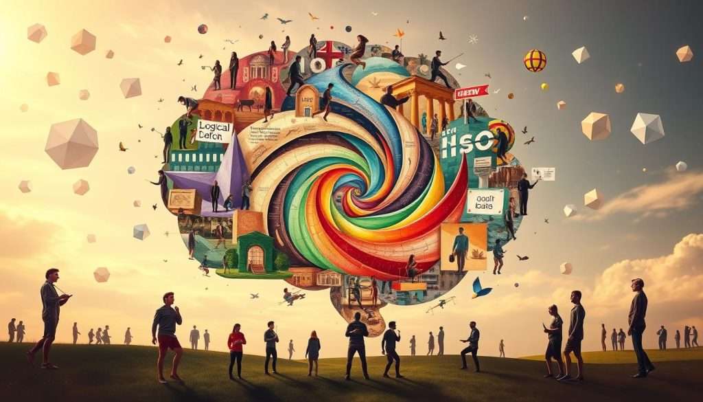 A detailed illustration of multiple intelligences. In the foreground, a collage of human figures representing different cognitive abilities - logical-mathematical, linguistic, musical, spatial, bodily-kinesthetic, interpersonal, and intrapersonal. The figures are engaged in various activities that showcase their unique talents. In the middle ground, a swirling vortex of colors and shapes, symbolizing the interconnectedness and synergy of these diverse intelligences. The background depicts a serene, dreamlike landscape, with floating geometric shapes and soothing pastel hues, suggesting the harmonious integration of these cognitive faculties. Warm, soft lighting casts a contemplative, introspective mood, inviting the viewer to explore the richness and complexity of the human mind.