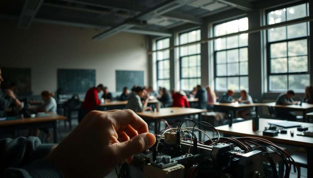 A dimly lit classroom, soft natural light filtering through large windows. In the foreground, a pair of hands intently focused on a mechanical device, fingers deftly manipulating the components. In the middle ground, students gathered around shared workstations, engaged in hands-on experiments and discussions. The atmosphere is one of concentration and exploration, as the learners work collaboratively to overcome challenges and deepen their understanding. The camera angle is slightly elevated, capturing the scene from an insightful perspective that emphasizes the tactile nature of the learning process. A sense of discovery and problem-solving permeates the space, showcasing the power of "learning by doing" in overcoming obstacles and unlocking human potential.