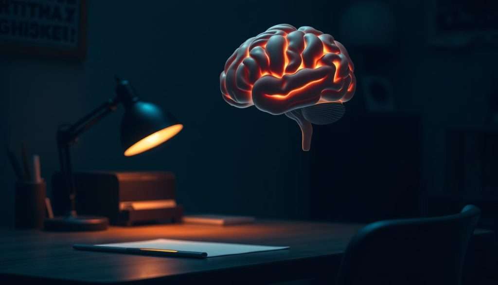 A dimly lit, contemplative workspace with a wooden desk, a lamp casting a warm glow, and a stylized brain model hovering above it. The brain is segmented, with various areas highlighted, suggesting a process of analysis and debugging. The background is blurred, creating a focus on the desk and the brain. The lighting is soft and moody, creating an atmosphere of focused introspection. The overall scene conveys a sense of deep thought and the exploration of the inner workings of the mind.
