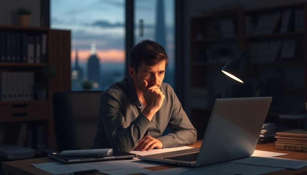 A dimly lit office space, a desk with scattered documents and a laptop, casting a warm glow. In the foreground, a person sits in a contemplative pose, brow furrowed, fingers resting on the chin. The background is blurred, hinting at shelves of reference materials and a window overlooking a city skyline at dusk. The overall atmosphere evokes a sense of deep concentration and introspection, as the subject engages in a retrospective analysis of a complex problem.