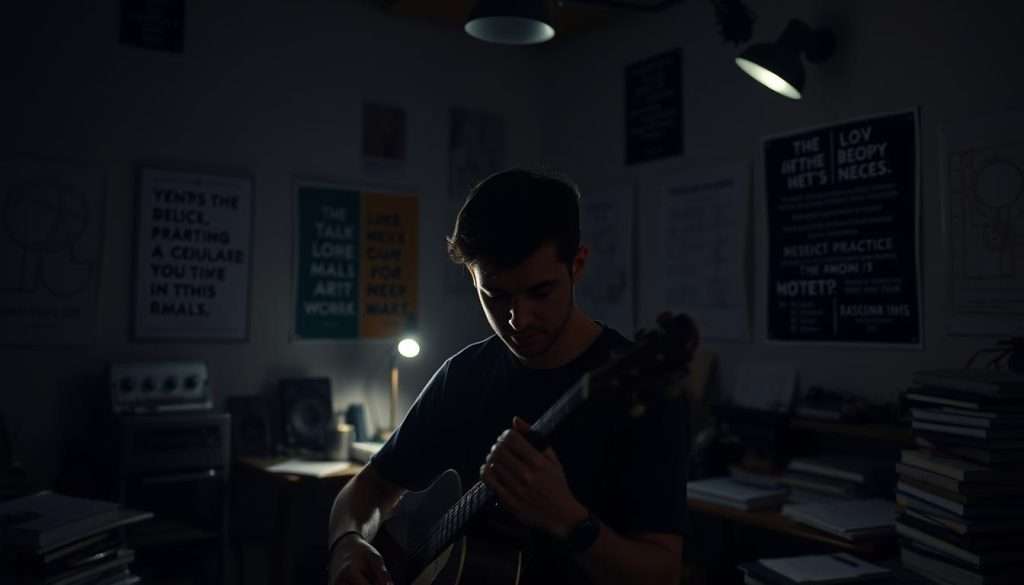A dimly lit studio space, the walls adorned with motivational quotes and diagrams. In the center, a person intently focused, practicing a specific skill - whether it's playing an instrument, solving a complex problem, or perfecting a physical technique. Soft, directional lighting illuminates their face, casting shadows that accentuate the look of deep concentration. In the background, the room is filled with books, notes, and tools of the trade, conveying a sense of dedication and commitment to the process of deliberate practice. The overall atmosphere is one of quiet intensity, highlighting the disciplined and methodical approach to mastering a subject.