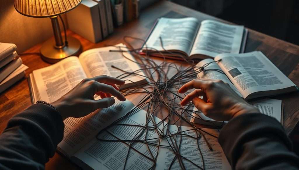 A dimly lit study area with an intricate web of interconnected pages, books, and study materials spread out on a wooden table. The foreground features a person's hands carefully arranging and reorganizing the content, creating a visual representation of the "interleaving" study technique. Soft, warm lighting from a nearby lamp casts a cozy glow, while the background is slightly blurred, emphasizing the focus on the central study materials. The composition evokes a sense of thoughtful concentration and the strategic approach to integrating diverse topics and concepts.
