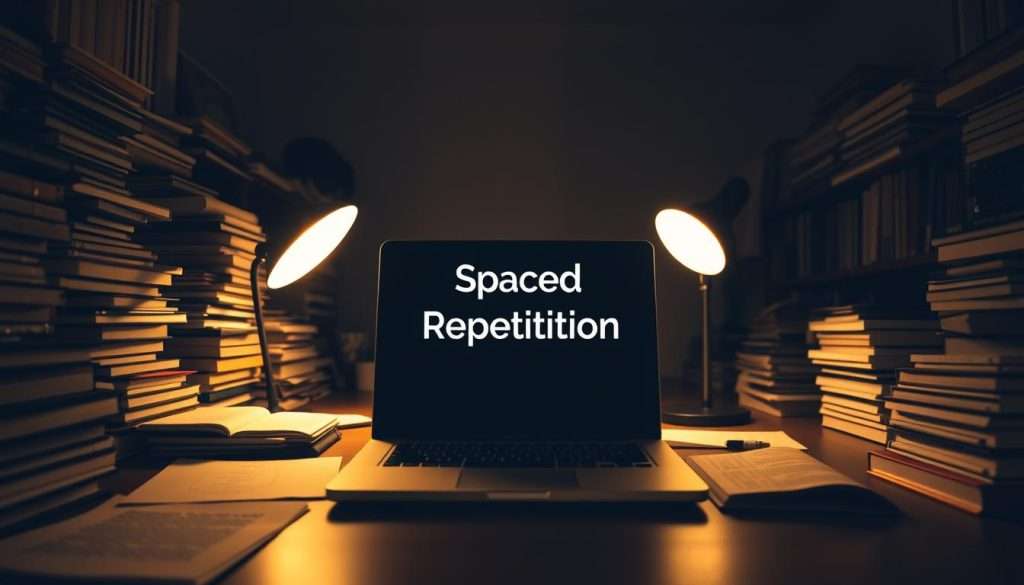 A dimly lit study room, filled with the soft glow of a desk lamp. Stacks of books and papers are neatly arranged, hinting at a meticulous approach to learning. In the center, a laptop screen displays a simple yet elegant interface, the words "Spaced Repetition" emblazoned on its surface. The room is bathed in a warm, sepia-toned light, creating a contemplative atmosphere. The angle is slightly elevated, suggesting a thoughtful, introspective perspective. The image conveys a sense of focus, discipline, and the power of a structured approach to retaining information.