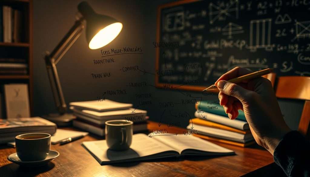A dimly lit study room, filled with the warm glow of a desk lamp. On the wooden table, a stack of textbooks and papers, alongside a cup of coffee and a pen. In the foreground, a human hand holds a pencil, sketching a diagram that seamlessly blends words and visual elements. The background features a chalkboard with mathematical equations and scientific diagrams, hinting at the subject matter being explored. The overall scene conveys a sense of deep concentration and the power of combining verbal and visual information to enhance learning and understanding.