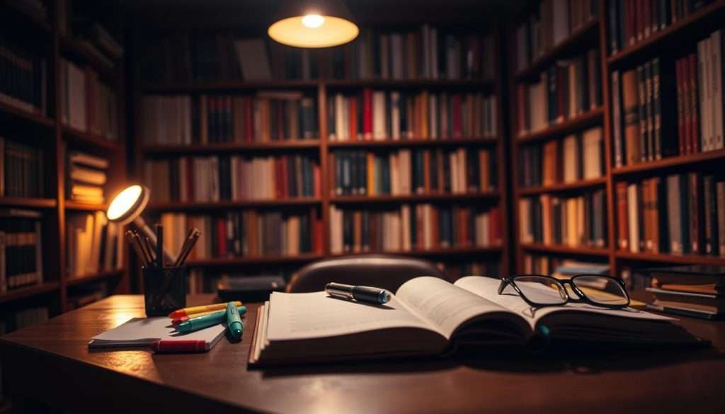 A dimly lit study room with warm, focused lighting illuminating a wooden desk. On the desk, an open notebook, a pen, and various learning aids like highlighters, sticky notes, and a pair of glasses. In the background, bookshelves filled with volumes on a range of subjects, creating a sense of knowledge and exploration. The overall atmosphere is one of quiet contemplation and productive focus, inspiring the viewer to engage deeply with the process of efficient learning.