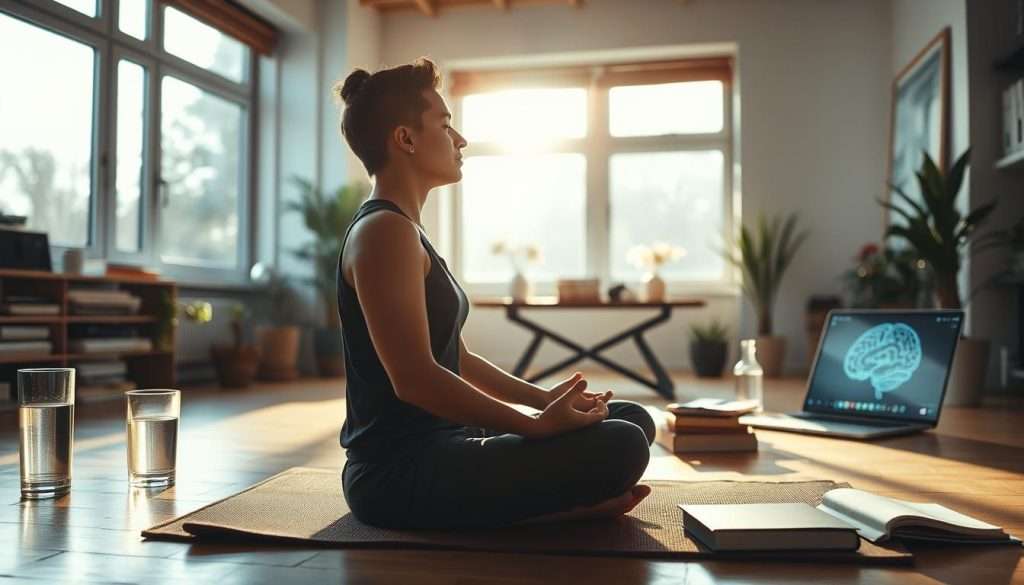 A dimly lit study space, natural light filtering through large windows, casting a warm, focused glow. In the foreground, a person meditating in a lotus position, eyes closed, exuding an aura of calm and mindfulness. Surrounding them, various elements of physical and mental optimization - a yoga mat, a glass of water, a stack of books, and a laptop displaying brain activity visualizations. In the background, a minimalist, zen-inspired decor, with plants and soothing artwork, creating an atmosphere of balance and productivity. The scene conveys a sense of holistic well-being, where physical and mental disciplines converge to optimize learning and personal growth.