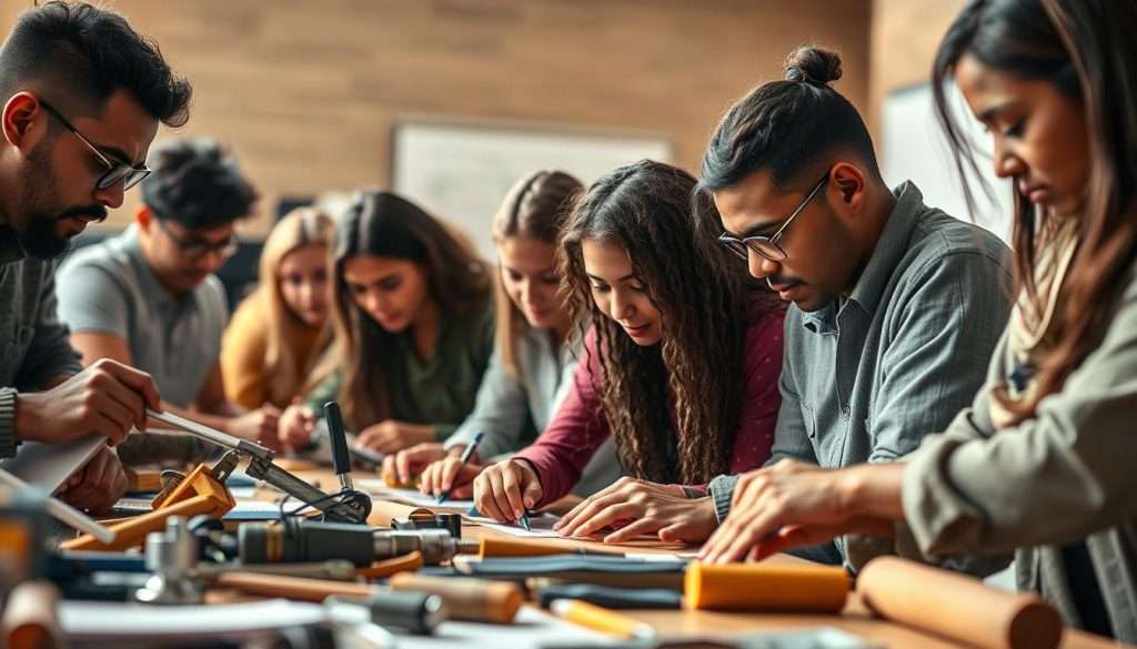 A dynamic scene of hands-on learning, showcasing a group of diverse individuals deeply engaged in an immersive educational experience. The foreground depicts a mix of practical tools, materials, and equipment being actively utilized, while the middle ground features the learners intently focused on their tasks, their expressions exuding a sense of discovery and problem-solving. The background gently blurs, creating a sense of depth and emphasizing the central activity. The lighting is warm and natural, casting a soft, ambient glow that enhances the tactile and experiential nature of the scene. The overall composition conveys a harmonious balance between the learners, the learning materials, and the process of active, immersive knowledge acquisition.
