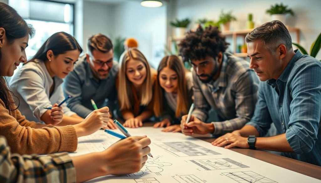 A group of diverse people collaborating on note-taking, gathered around a large whiteboard or tabletop. In the foreground, hands hold pens and markers, sketching diagrams and jotting down ideas. The middle ground shows individuals leaning in, engaged in discussion, exchanging notes. The background features a warm, softly-lit office setting, with plants and shelves hinting at a productive, creative atmosphere. The overall scene conveys a sense of teamwork, idea-sharing, and a dynamic learning experience.