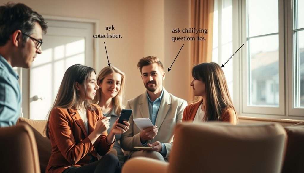 A group of people engaged in active listening, their faces intent and focused, surrounded by visual cues representing the key strategies of active listening: eye contact, nodding, asking clarifying questions, taking notes, and mirroring body language. The scene is set in a warm, sunlit room, with simple yet elegant furnishings, creating a calm and conducive atmosphere for effective communication. The lighting is soft and natural, highlighting the participants' expressions and the nuances of their interactions. The overall composition conveys the importance of active listening in fostering clear understanding and meaningful exchange of ideas.