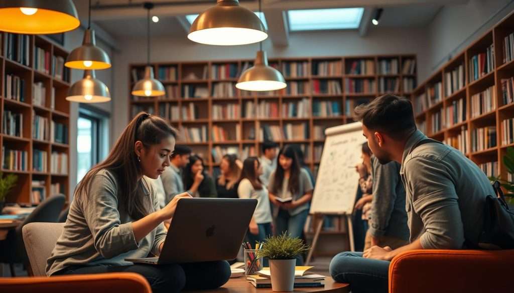 A group of people gathered in a cozy, well-lit study lounge, engaged in lively discussions and collaborative learning. The foreground features two students leaning over a shared laptop, exchanging ideas animatedly. In the middle ground, a circle of peers surround a whiteboard, brainstorming and sketching concepts. Warm pendant lights cast a soft glow, creating an atmosphere of intellectual curiosity and community. The background showcases floor-to-ceiling bookshelves, hinting at the wealth of knowledge available to fuel their learning journey. An air of camaraderie and shared motivation permeates the scene, inspiring a sense of the power of social learning.