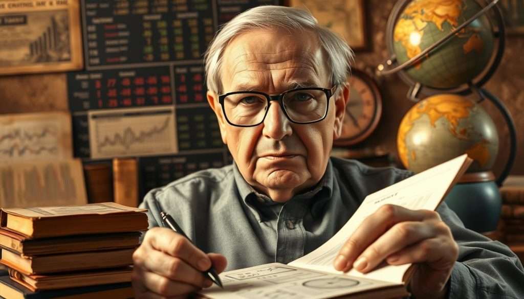 A highly detailed, photorealistic portrait of Warren Buffett, the renowned investor and businessman, set against a backdrop of vintage books, financial charts, and analytic tools. Buffett's face is illuminated by warm, natural lighting, his expression thoughtful and focused, conveying a deep understanding of complex financial concepts and mental models. The foreground features Buffett's signature glasses, a pen in his hand, and a notepad filled with calculations and diagrams. The middle ground showcases a selection of classic investment and business strategy texts, while the background is composed of a rich, textured wall adorned with vintage stock tickers and a globe, symbolizing Buffett's global perspective and mastery of economic principles.