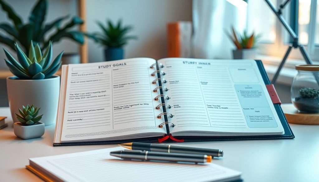 A meticulously crafted study goal planner, its pages adorned with intricate designs and thoughtfully laid out sections. In the foreground, a clean, minimalist desk setup with a high-quality notebook, a set of fine-tipped pens, and a succulent plant adding a touch of life. The middle ground features the planner itself, its cover embossed with a subtle, elegant pattern, opened to reveal neatly organized sections for setting, tracking, and reflecting on academic goals. The background showcases a cozy, well-lit study nook, with soft, warm lighting and a sense of focus and productivity. The overall atmosphere is one of intentionality, discipline, and a commitment to personal growth and achievement.