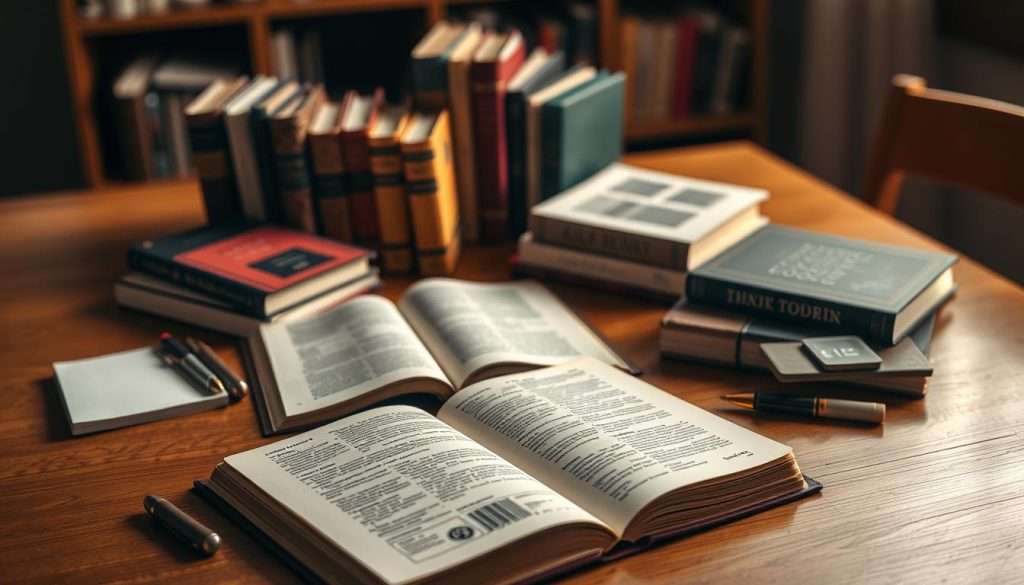 A meticulously curated collection of learning resources laid out on a warm wooden table, illuminated by soft, natural lighting. In the foreground, an open book, carefully annotated, surrounded by an array of artfully arranged stationery, including a fountain pen, highlighters, and a small notepad. In the middle ground, a collection of hardcover and paperback volumes, each with a distinct personality, hinting at the depth and breadth of knowledge they contain. The background is gently blurred, allowing the viewer to focus on the thoughtfully assembled learning tools, conveying a sense of intentionality and a passion for lifelong learning.