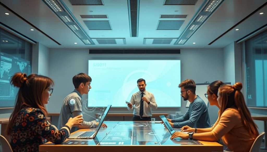 A modern, futuristic classroom setting featuring advanced AI technology for students. In the foreground, a group of diverse students collaboratively using interactive holographic displays, AI-powered learning assistants, and personalized learning modules. In the middle ground, an instructor facilitates the lesson, leveraging AI analytics to provide real-time feedback and adaptations. The background showcases a sleek, high-tech environment with floor-to-ceiling windows, smart boards, and ambient lighting that creates a calm, focused atmosphere. The overall scene conveys a sense of innovation, engagement, and the seamless integration of AI into the educational experience of the future.