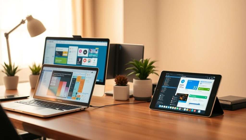 A neatly arranged desk with various interleaved apps open on a laptop and tablet. The foreground features the devices' screens, displaying a range of productivity, creativity, and learning-focused applications - from note-taking and task management to coding and design tools. The middle ground showcases an ergonomic desk setup with a clean, minimalist aesthetic, complemented by a few potted plants and office supplies. The background subtly blurs, creating a serene, focused atmosphere that enhances the sense of intentional, interleaved workflows. Warm, natural lighting casts a soft glow, emphasizing the harmony between the digital and physical elements of the scene.