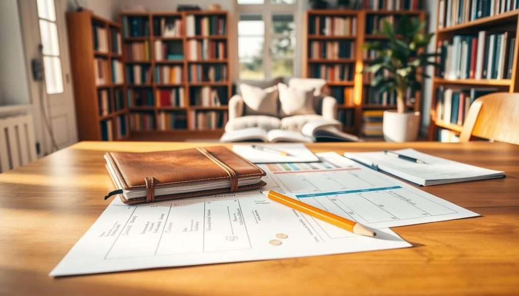 A neatly organized study plan lays out on a wooden desk, bathed in warm, natural lighting. In the foreground, a leather-bound notebook and a well-sharpened pencil sit atop a clean, minimalist layout, exuding a sense of focus and intention. The middle ground features color-coded notes, calendars, and task lists, meticulously arranged to guide the viewer through a structured learning journey. In the background, bookshelves filled with tomes on diverse subjects create a scholarly atmosphere, complemented by a cozy reading nook and a potted plant, radiating a serene, contemplative vibe. The overall composition conveys a harmonious balance between productivity and self-care, inviting the viewer to envision their own personalized study plan.