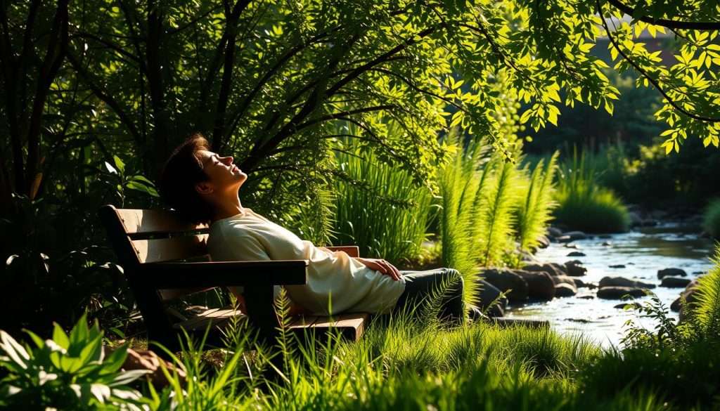 A peaceful, sun-drenched garden scene with a wooden bench situated amidst lush greenery. A person relaxes on the bench, eyes closed, lost in contemplation. The soft natural light filters through the verdant foliage, casting gentle shadows across the tranquil setting. In the background, a gentle stream babbles, its calming sounds adding to the serene atmosphere. The overall mood is one of restorative calmness, inviting the viewer to pause and recharge. A high-quality, cinematic-style photograph captured with a wide-angle lens to emphasize the expansive, immersive nature of the scene.