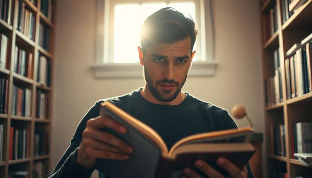 A person engrossed in a book, illuminated by a warm, natural light filtering through a window. Their face is focused, brow furrowed in concentration, fingers tracing the pages as they effortlessly navigate the text. The background is a cozy, minimalist study, with bookshelves lining the walls, casting a sense of quiet contemplation. The composition is balanced, with the reader's pose and the surrounding elements creating a harmonious, aspirational scene of dedicated, immersive reading.