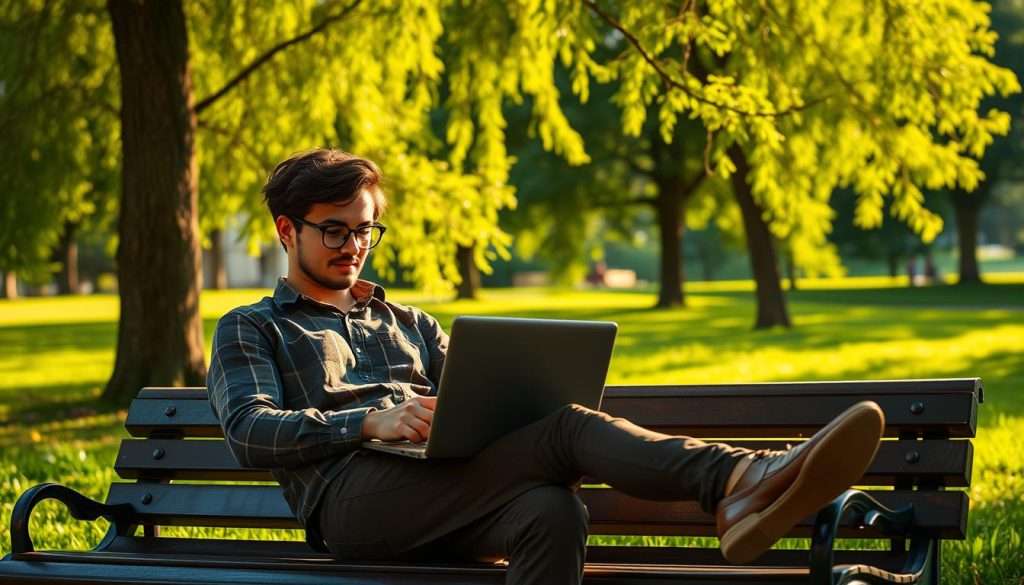 A person seated comfortably on a park bench, laptop open, immersed in their studies. The scene is bathed in warm, natural lighting, casting a soft glow on their focused expression. In the background, a lush green landscape with trees swaying gently in the breeze, creating a serene and calming atmosphere. The person's posture is relaxed yet attentive, reflecting the convenience and ease of learning on the go. The angle showcases the person's engagement with the task at hand, conveying a sense of productivity and efficiency.