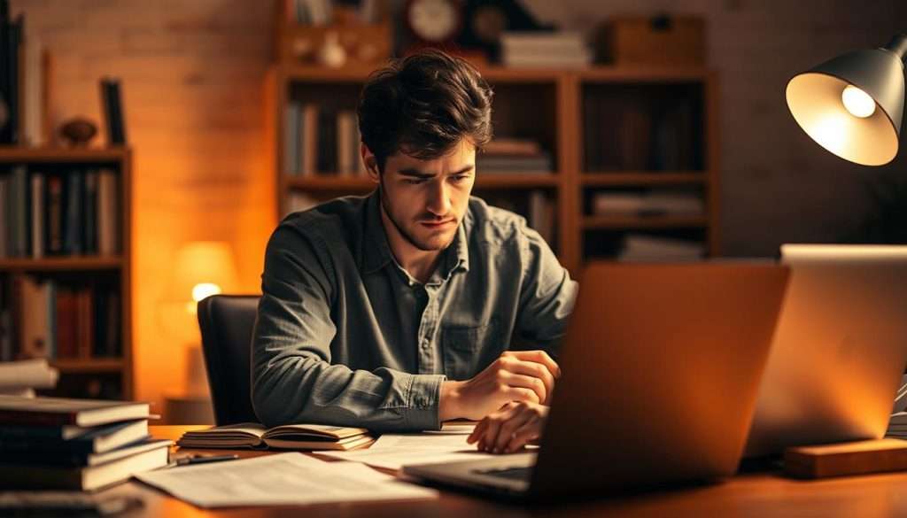 A person sitting at a desk, deeply focused, surrounded by books, papers, and a laptop. The lighting is warm and focused, creating a cozy, contemplative atmosphere. The figure is positioned in the foreground, with a blurred background hinting at a study or home office setting. The pose conveys a sense of deliberate, disciplined practice, with the person's expression reflecting intense concentration and determination. The overall scene suggests a dedicated, immersive learning experience, where the individual is fully engaged in the process of skill development and mastery.