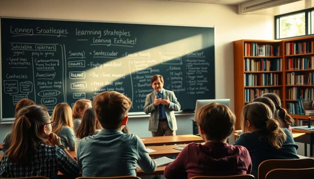 A serene classroom setting with a chalkboard showcasing various learning strategies. In the foreground, students engaged in collaborative group work, their faces lit by warm natural light flooding through large windows. In the middle ground, a teacher guiding a Socratic discussion, their expression radiating wisdom and enthusiasm. The background depicts a bookshelf-lined wall, hinting at the wealth of knowledge available. The scene exudes a sense of focus, exploration, and the joy of learning, captured through a soft, cinematic lens.