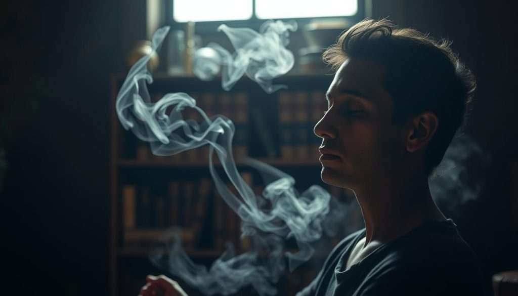 A serene, dimly lit room with a meditating figure in the foreground, their face in a contemplative expression. Wisps of smoke curl around them, creating an atmospheric haze. In the middle ground, a bookshelf with old, leather-bound volumes, hinting at the power of memory and knowledge. The background is blurred, conveying a sense of tranquility and focus. Soft, diffused lighting casts a warm glow, emphasizing the meditative mood. The overall scene evokes a balance between the present moment and the depths of the mind, illustrating the connection between mindfulness and memory.