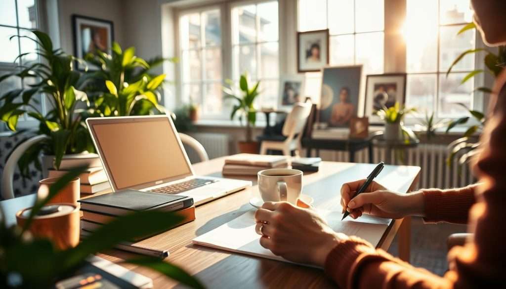 A serene home office scene, flooded with warm, natural light filtering through large windows. On the desk, an open laptop, a stack of books, and a cup of steaming coffee, symbolizing the continuous pursuit of knowledge. In the foreground, the hands of a focused individual jotting down notes, representing the active engagement in the process of skill enhancement. Surrounding the desk, lush, verdant houseplants and a few framed art prints, creating a nurturing, inspirational environment conducive to learning and growth. The overall atmosphere exudes a sense of calm, focus, and a lifelong commitment to personal development.