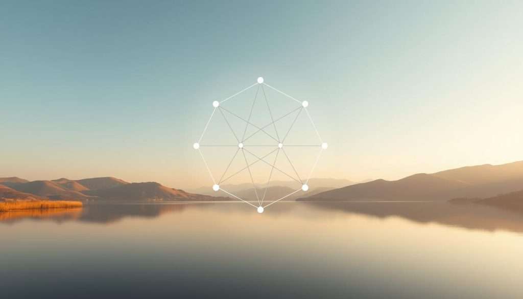 A serene, minimalist landscape showcasing the power of visual mapping to simplify complex concepts. In the foreground, a clean, elegant geometric diagram with interconnected shapes and lines, symbolizing the structure of an intricate idea. The midground features a tranquil lake, its still waters reflecting the diagram above, creating a sense of balance and clarity. In the distant background, rolling hills and a soft, diffused sky, conveying a sense of calm and focus. Warm, natural lighting casts a gentle glow, guiding the viewer's eye through the layers of visual abstraction. The overall atmosphere is one of thoughtful contemplation, inviting the viewer to explore the power of visual thinking.