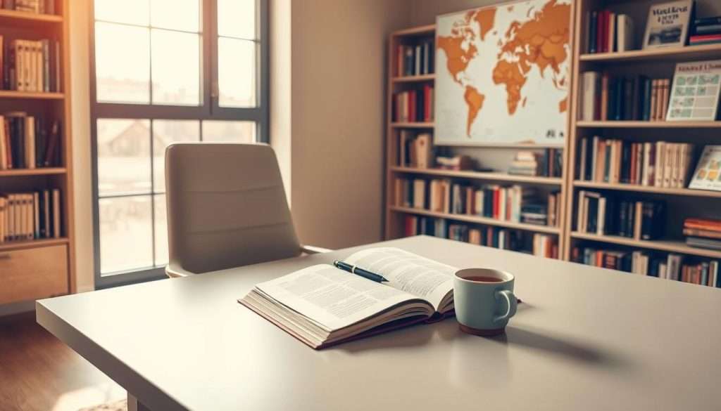 A serene, minimalist study with a desk, chair, and bookshelf. Warm natural lighting filters through a large window, casting a soft glow. On the desk, an open book, a pen, and a cup of tea, symbolizing lifelong learning and intellectual growth. The bookshelf is filled with a diverse array of books, representing the breadth of knowledge. In the background, a world map or educational charts suggest a global, interconnected perspective. The atmosphere is one of contemplation, discovery, and the joy of continuous learning.