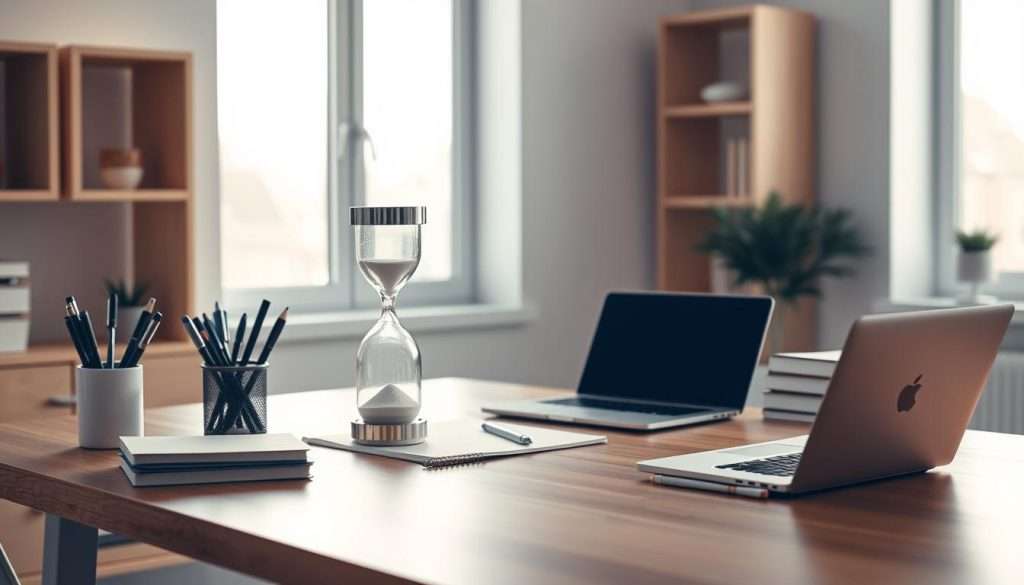 A serene, minimalist workspace with a clean wooden desk, softly illuminated by natural light filtering through large windows. On the desk, a neatly organized array of office supplies - pens, notebooks, and a laptop - alongside a prominently displayed hourglass timer, symbolizing the concept of spaced repetition. The walls are adorned with simple, geometric shelving units, creating a sense of order and structure. The overall atmosphere is calm, focused, and conducive to deep learning and productivity.