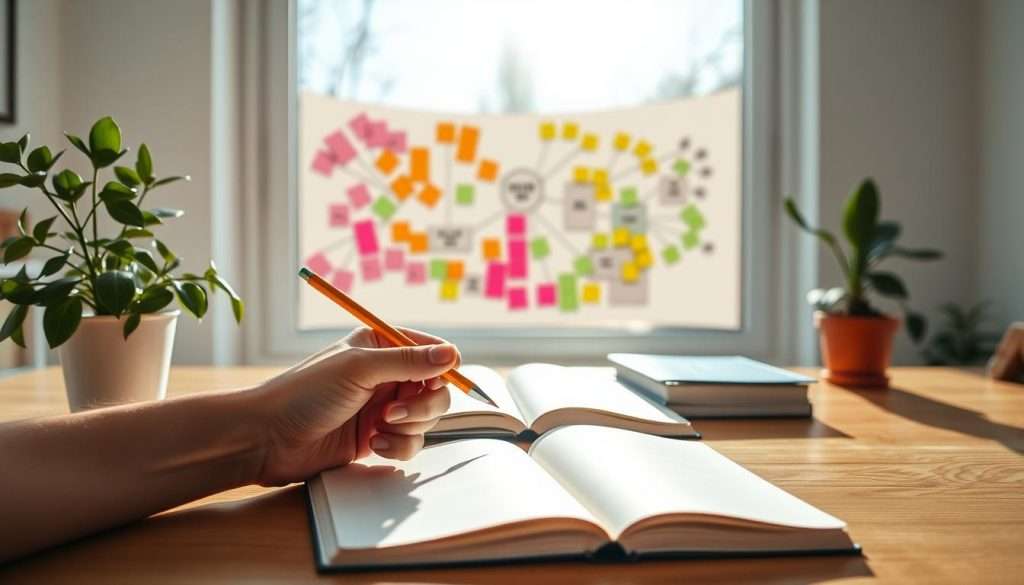 A serene, sun-drenched workspace with a wooden desk, a potted plant, and a notebook open, inviting contemplation. In the foreground, a hand holding a pencil, poised to capture the flow of ideas. In the middle ground, a colorful array of sticky notes and mind maps, representing the process of ideation and problem-solving. The background features a large window, allowing natural light to pour in, illuminating the scene with a sense of clarity and inspiration. The overall atmosphere conveys a harmonious balance between focused concentration and creative exploration, embodying the essence of Hurson's Productive Thinking Model.