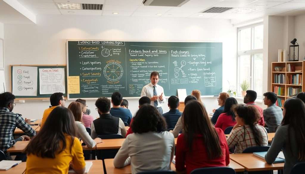 A serene, well-lit classroom setting with a chalkboard displaying colorful diagrams, charts, and notes outlining various evidence-based learning strategies. In the foreground, a group of diverse students engaged in lively discussions, taking notes, and collaborating on assignments. The middle ground features a teacher guiding the students, using a pointer to highlight key concepts. The background showcases a bookshelf filled with educational resources and a large window letting in natural light, creating a sense of openness and inspiration. The overall scene conveys a productive, thoughtful, and inclusive atmosphere conducive to overcoming academic challenges through effective, research-backed learning techniques.