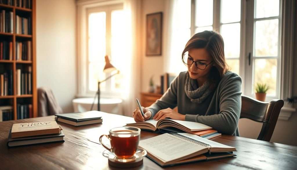 A serene, well-lit home study with a person sitting at a wooden desk, deeply focused on a book. Soft, natural lighting filters through large windows, casting a warm glow. In the foreground, a cup of tea and a notebook with scribbled notes. Bookshelves line the walls, hinting at the person's thirst for knowledge. The person's expression is one of calm concentration, their posture upright and attentive. The overall atmosphere evokes a sense of mindfulness and mental sharpness, perfectly capturing the "Lifestyle Habits That Boost Memory Power."