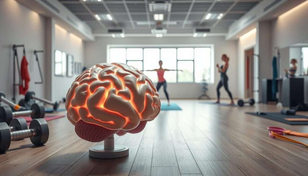 A serene, well-lit indoor setting featuring a human brain model in the foreground, surrounded by various fitness equipment and accessories such as dumbbells, yoga mats, and resistance bands. The brain model is positioned prominently, glowing with a healthy, vibrant hue, symbolizing the connection between physical exercise and cognitive function. The middle ground showcases a person performing a range of exercises, their movements graceful and purposeful, highlighting the mental focus and coordination required. The background features a clean, minimalist design with subtle cues of an educational or scientific environment, further reinforcing the theme of brain health and exercise. The overall atmosphere is one of balance, clarity, and the synergy between physical and mental well-being.