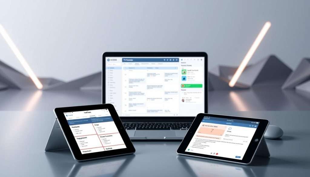 A sleek, minimalist digital workspace with a floating display showcasing various spaced repetition apps and tools. In the foreground, a tablet device with a clean interface highlights a flashcard-based learning app. In the middle ground, a laptop screen displays a note-taking app with a calendar view for scheduling review sessions. The background features a futuristic, geometric landscape with subtle lighting, creating a focused and productive atmosphere. The overall composition conveys the efficiency and organization of digital tools designed to enhance spaced repetition learning techniques.