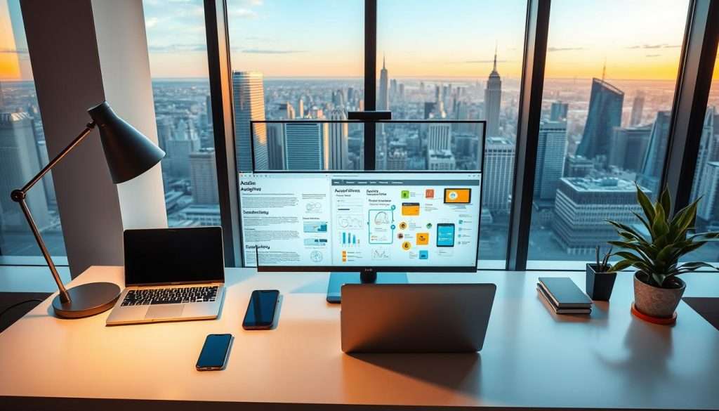 A sleek, modern workspace with a variety of digital tools arranged neatly on a minimalist desktop. In the foreground, a laptop, tablet, and smartphone are positioned alongside a stylish desk lamp and a potted plant. The middle ground features a high-resolution monitor displaying academic research and a virtual whiteboard filled with colorful diagrams and notes. In the background, a large window offers a panoramic view of a bustling city skyline, bathed in warm, golden-hour lighting. The overall atmosphere is one of focused productivity and technological sophistication, setting the stage for academic success.