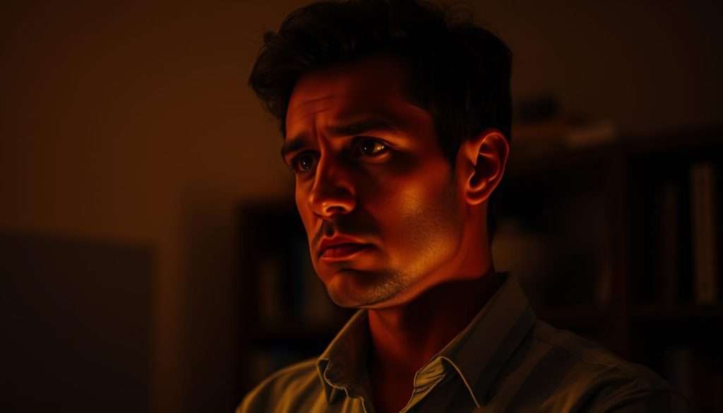 A thoughtful individual standing in a dimly lit room, deep in contemplation. Soft, warm lighting illuminates their face, casting subtle shadows that accentuate the furrowed brow and pensive expression. The background is hazy, with a bookshelf or office setting providing a sense of context, but the focus remains on the person's inward gaze, conveying the complexity and focus of the decision-making process. The scene is captured with a shallow depth of field, drawing the viewer's attention to the central figure and the intensity of their mental deliberation.